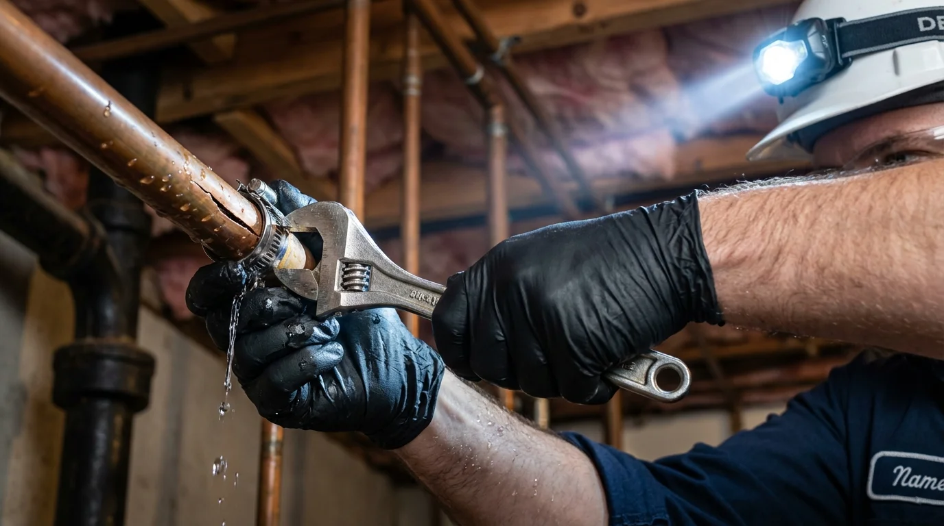 Emergency pipe clamp repair being performed by a Johns Plumbing LLC plumber in Driggs