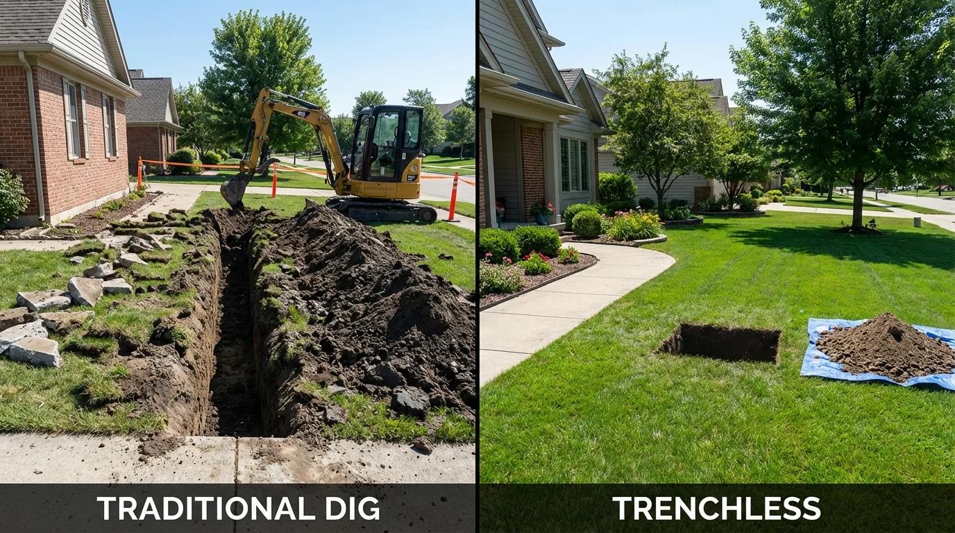 Trenchless sewer repair with minimal yard damage versus traditional excavation in Driggs, ID