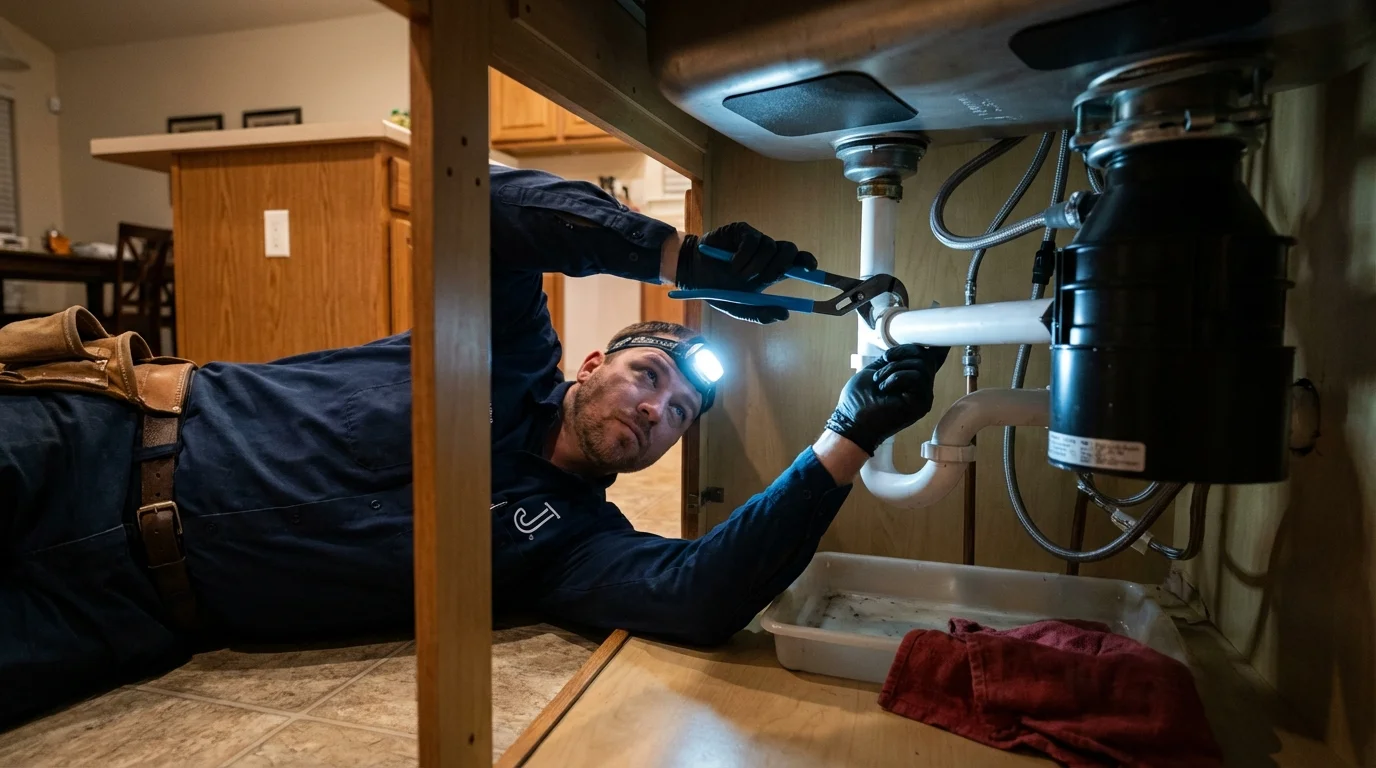 P-trap and supply line connections under a kitchen sink showing a common leak point in Driggs, ID
